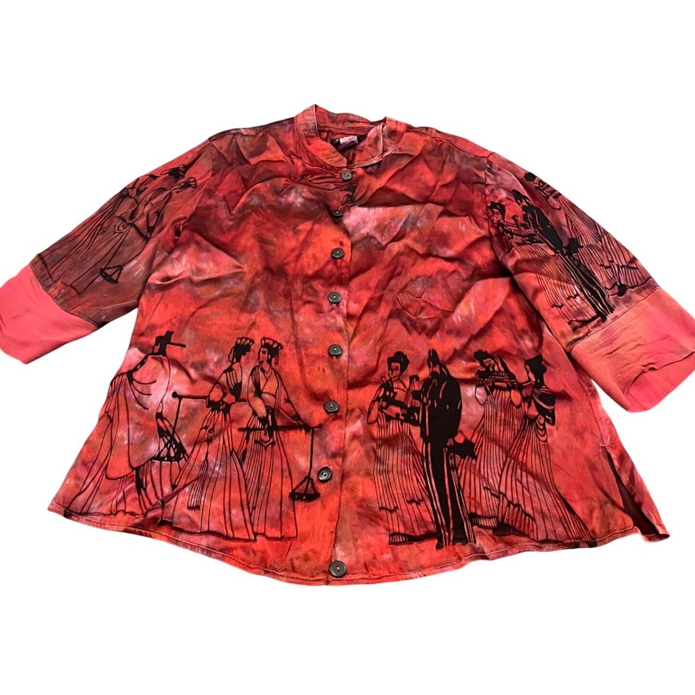 Citron Santa Monica Blouse Womens L Red Silk Blend Asian Art Print Button Up